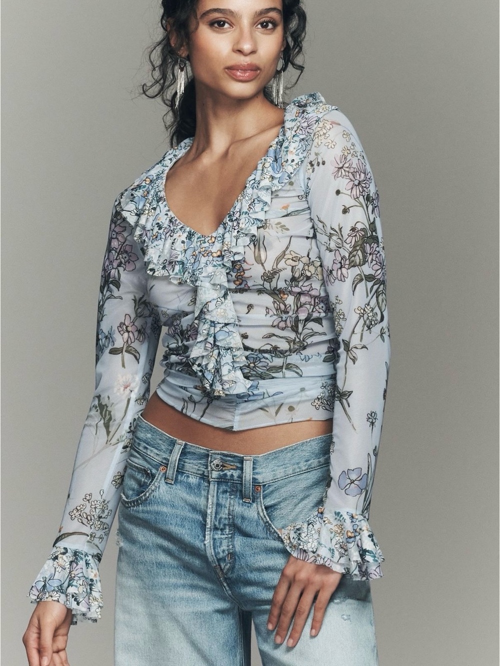 NWT Anthropologie Mixed Ruffles Light Blue Floral Long Sleeve Top Size S